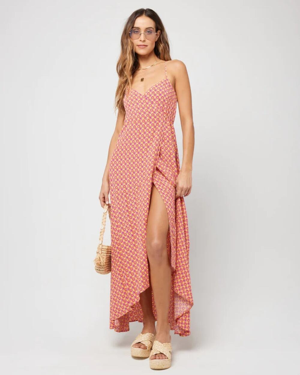 L*Space Junie Summatime Check Floral High Low Wrap Maxi Dress Size Small
